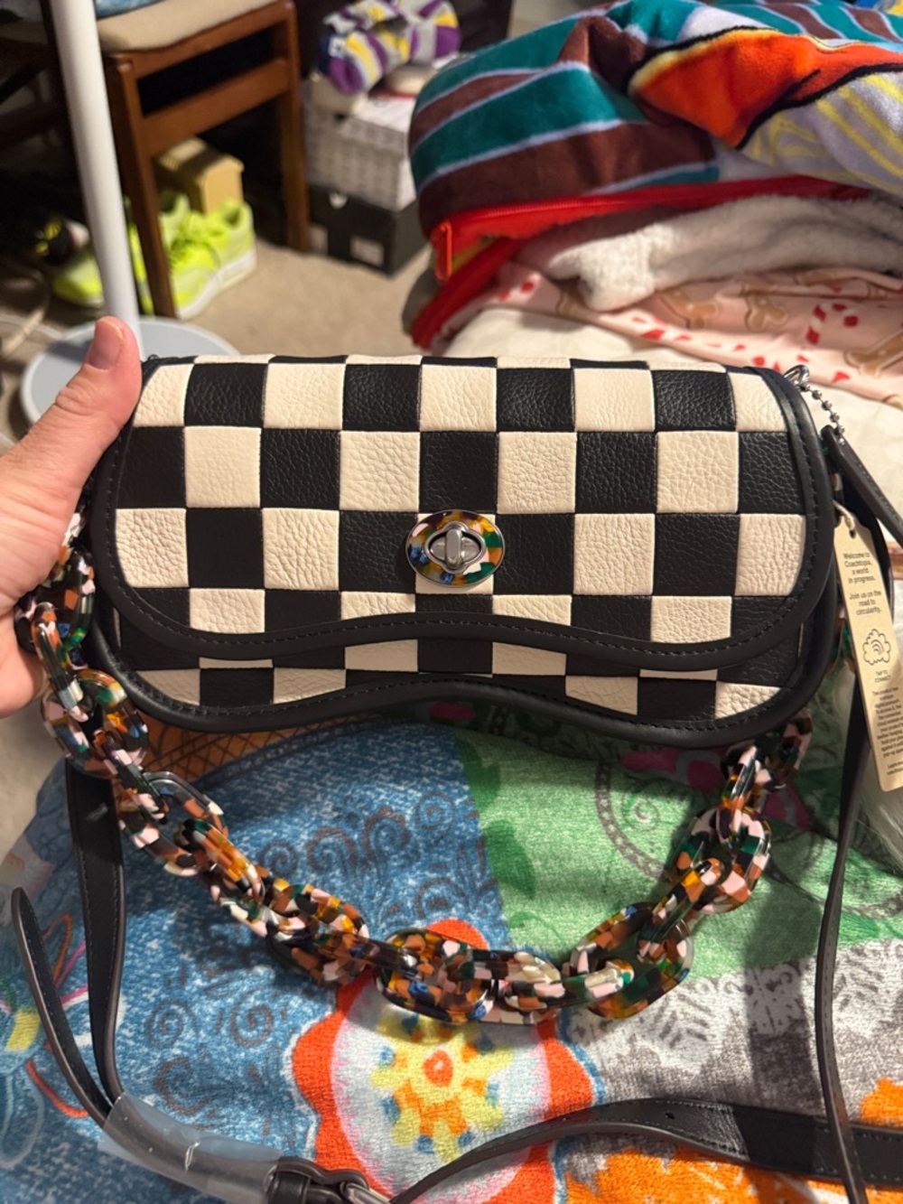Coach Black and White Checker Crossbody with Multicolor Chain Strap